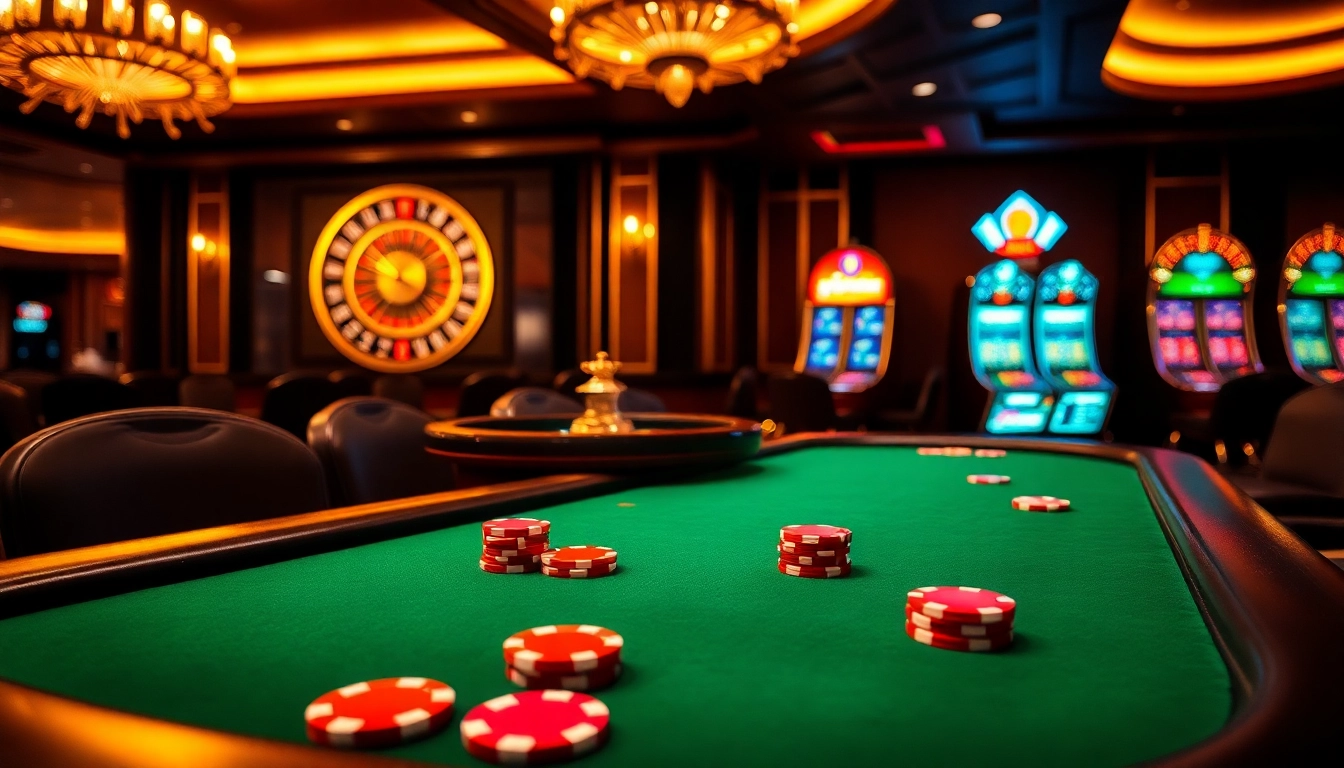 Excited gamblers play at an opulent poker table at open88, showcasing vibrant chips and a roulette wheel.