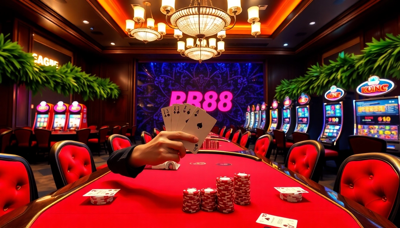 Exciting poker game showcasing RR88 KJC logo with vibrant casino elements and luxurious setting.
