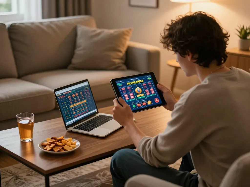 Engaging in new pk luck casino games on a tablet at home, showcasing a strategic gaming atmosphere.