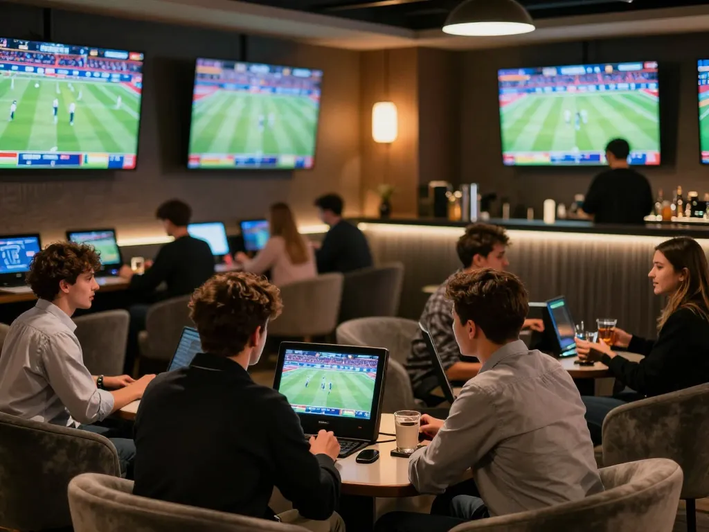 one88 sports betting excitement in a modern lounge with guests engaging at kiosks