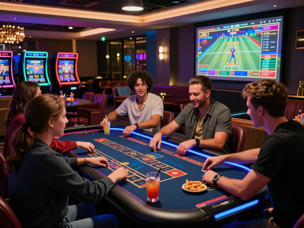 Players enjoying the thrilling atmosphere of 789club with vibrant gaming tables and cocktails.
