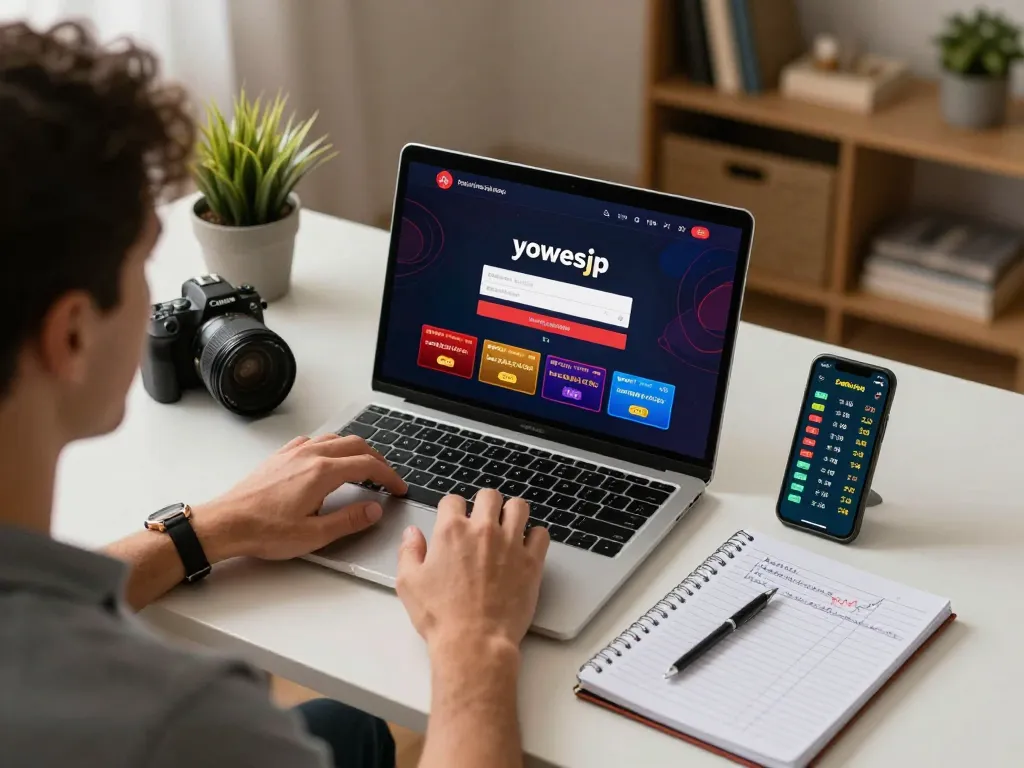 Using the yowesjp login for quick and secure online betting, featuring a cozy home setting with gaming elements.