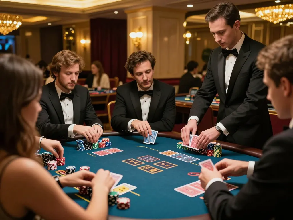 Players engaging in high-stakes Baccarat at a luxurious casino table with alc88 as the focal point.