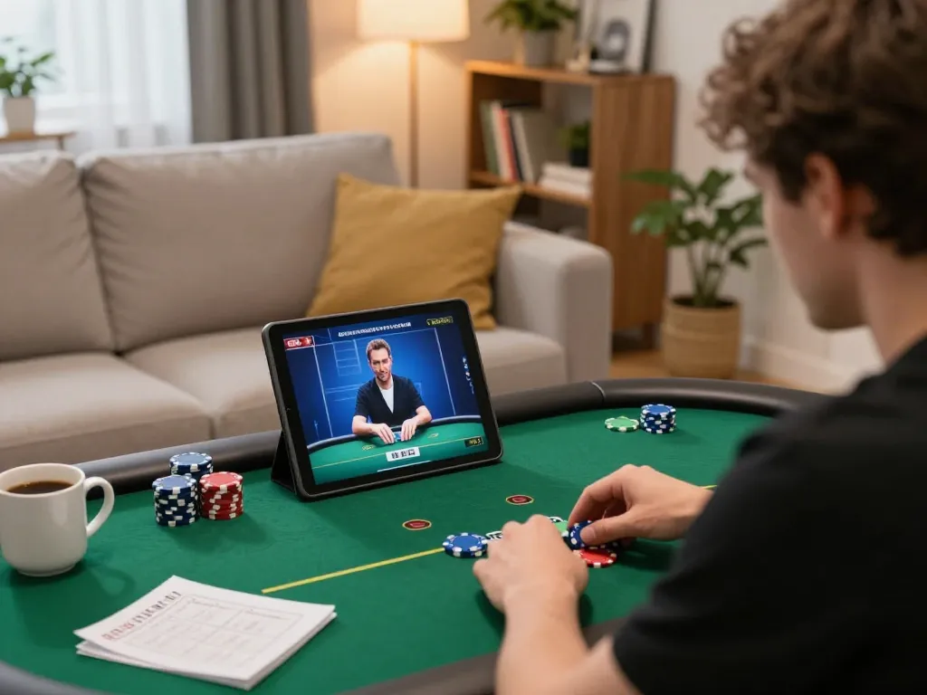 Engaged player using gamebaidoithuong8 poker app on tablet in inviting home setting