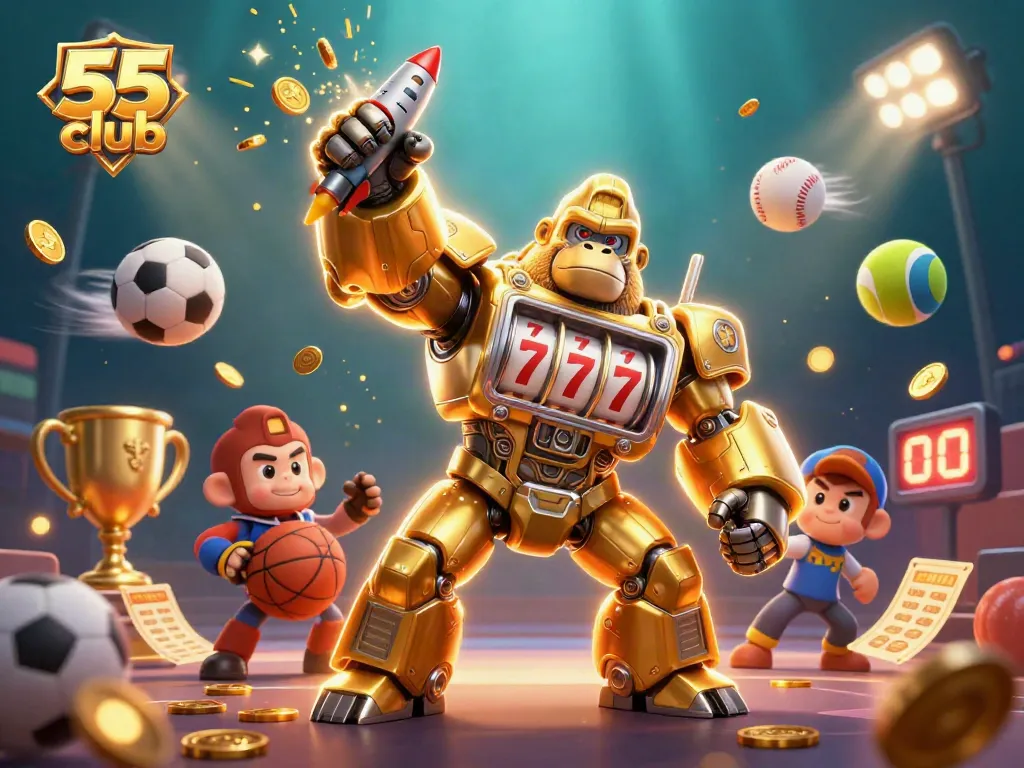 Feel the thrill of the 55 club with dynamic game action featuring a vibrant golden gorilla mech and lively sports elements.