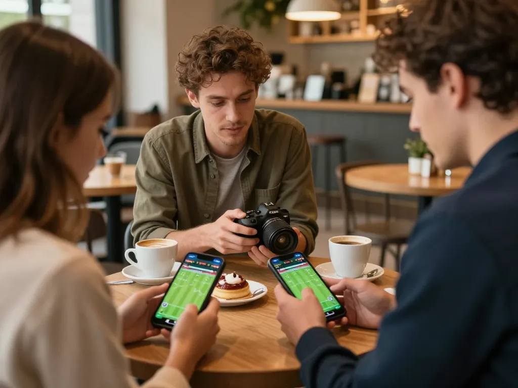 Friends placing live bets on tr88 app at coffee shop, showcasing an engaging sports betting experience.