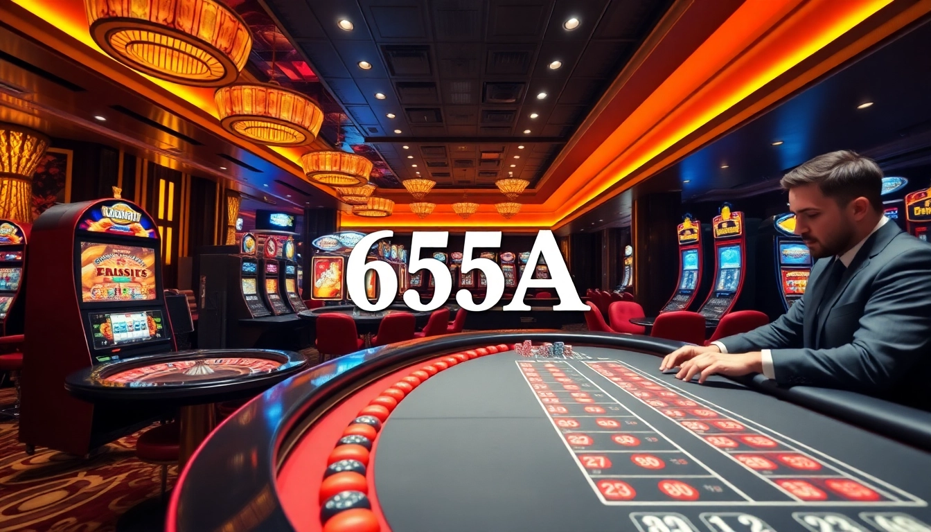 Experience the excitement of high-stakes gaming at 65A's luxury casino, showcasing roulette tables and slot machines.