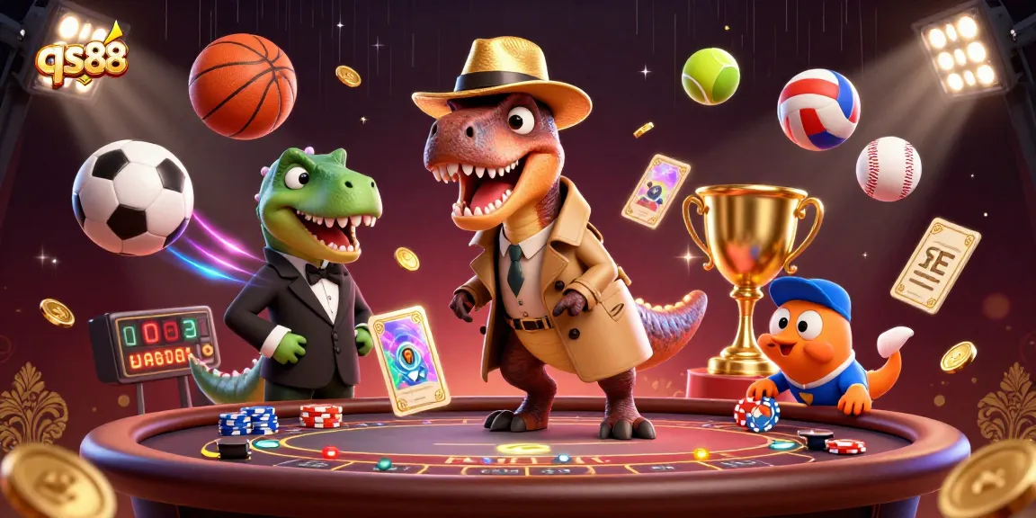 Experience thrilling moments at qs88 with a velociraptor at a blackjack table amidst gold coins and sports balls.
