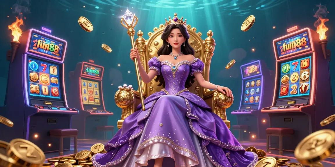 Experience the excitement of fun88 with vibrant slot machines and a royal theme illustration.