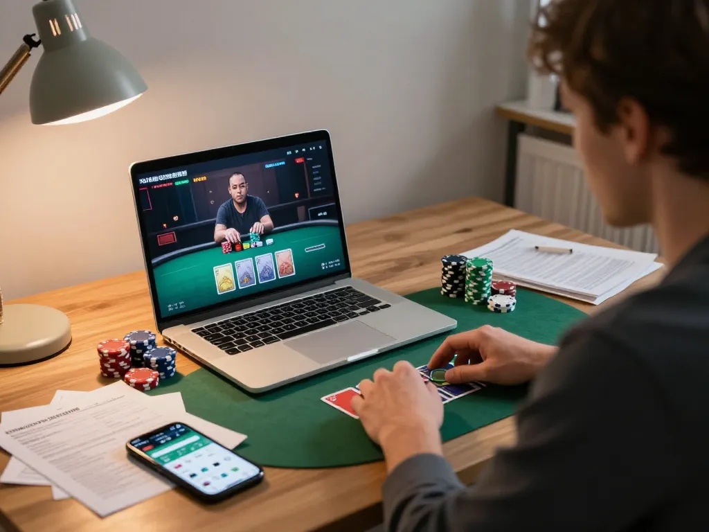Player engaging in online poker game on laptop, showcasing Ricbet strategy in comfortable home office.