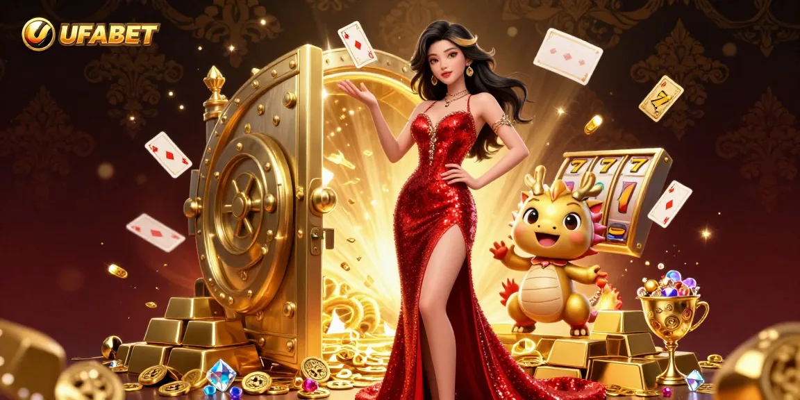 UFABET enhances online gaming with captivating visuals of vibrant slots, jewels, and a welcoming mascot.