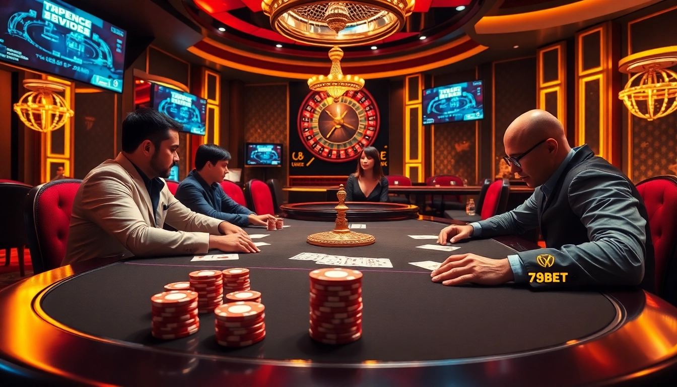 Players strategizing in a high-stakes poker game at 789bet casino table.