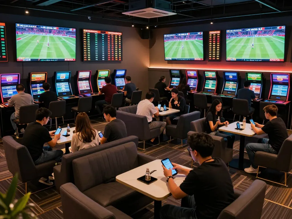 Tỷ Lệ Kèo Nhà Cái displayed prominently on screens in a lively sports betting lounge with engaged bettors.