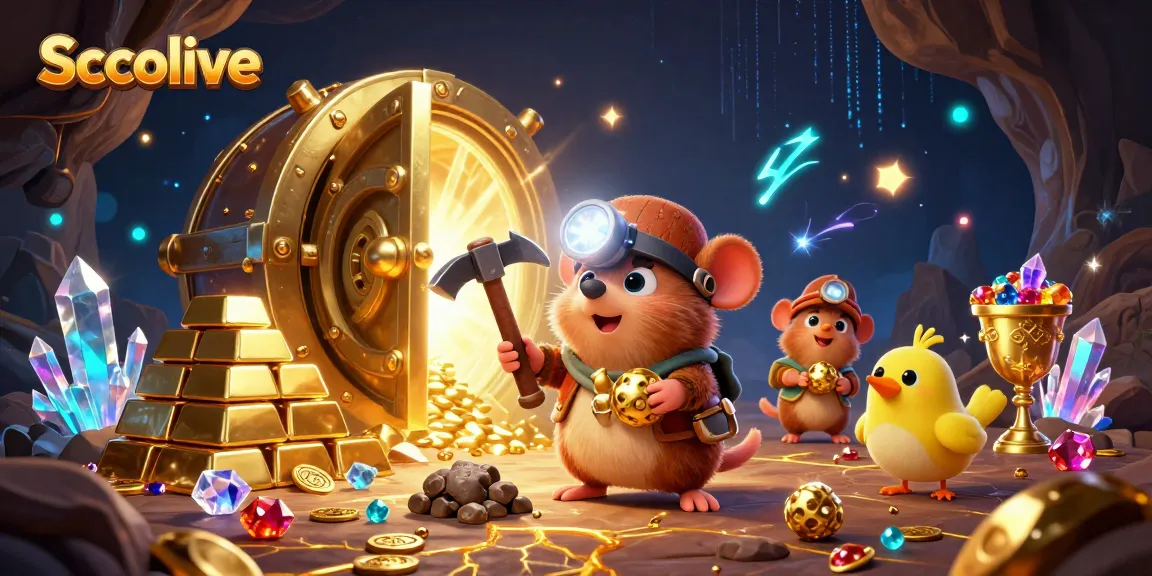 Socolive showcases a treasure hunter mole mining gems in a vibrant casino-themed cave, bursting with gold and treasures.