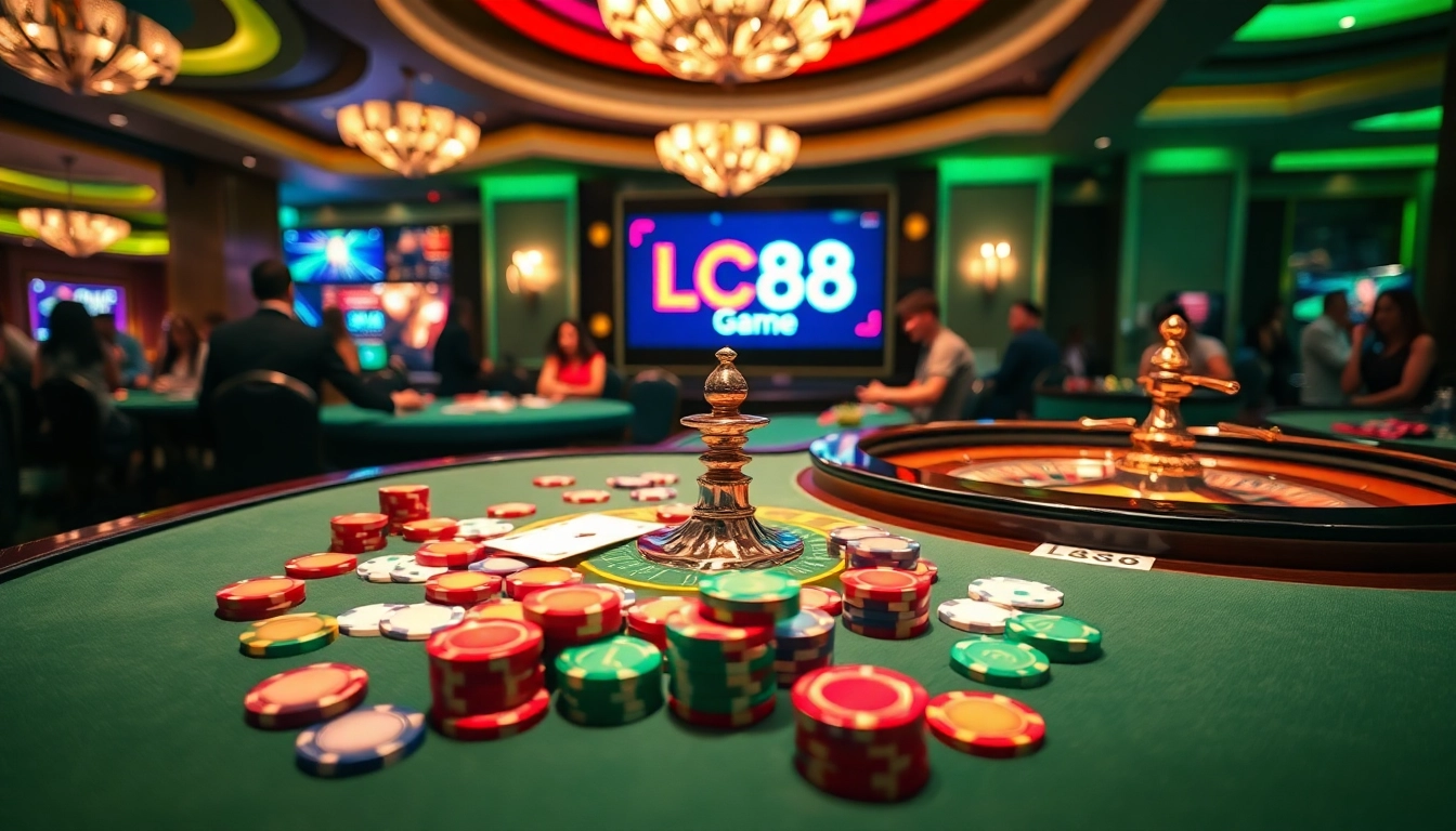 Thrilling gameplay at an elegant casino featuring the LC88 Game logo and vibrant table action.