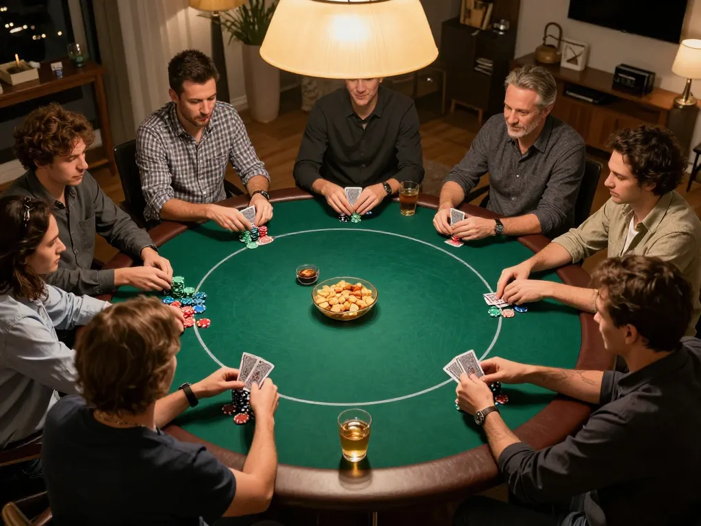 Poker players enjoying a friendly game at home while using jun88 com for strategies, surrounded by snacks and drinks.