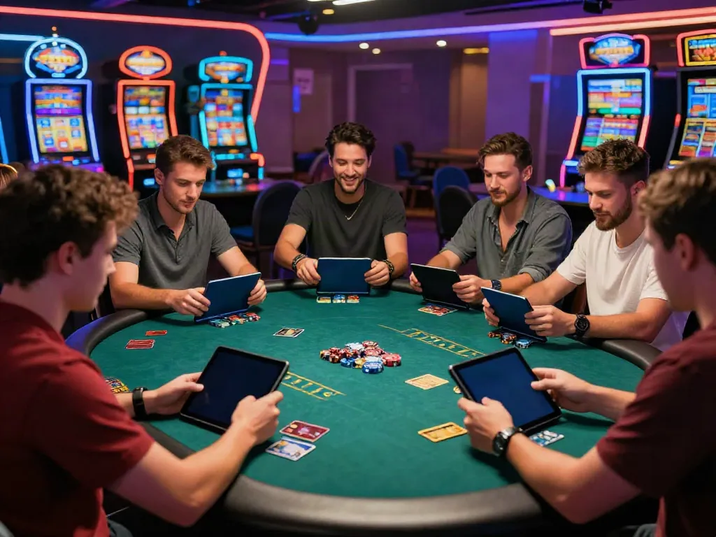 The lively atmosphere of credit card casinos with diverse players enjoying poker, surrounded by neon lights and technology.