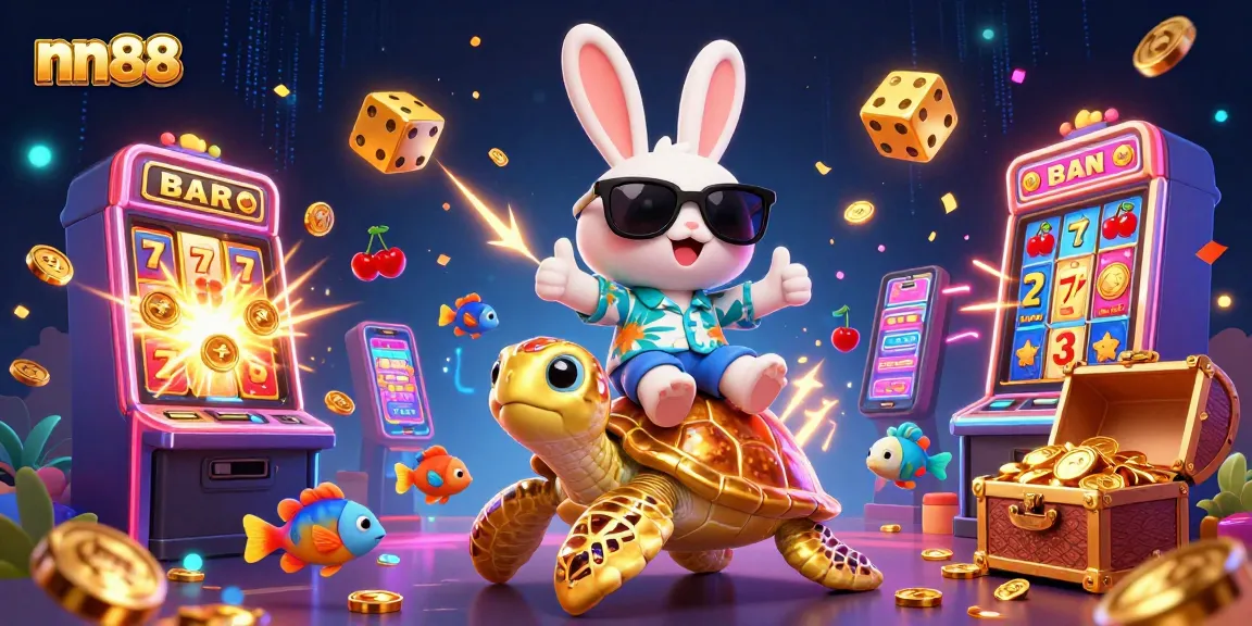 Spin to win at nn88 with a vibrant casino scene featuring a lucky rabbit and treasures!