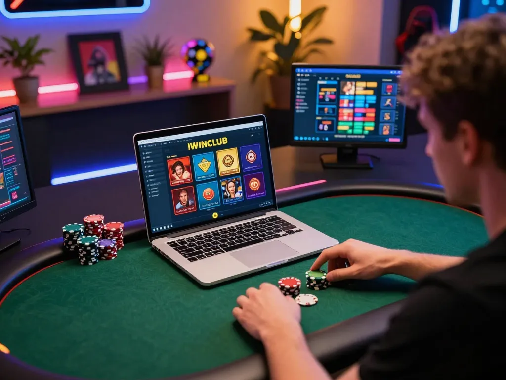 Experience exciting poker gameplay using IWINCLUB on a modern laptop in a stylish home setting