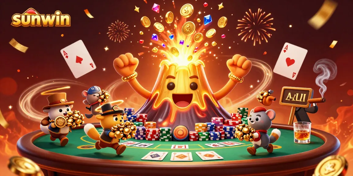 Experience the thrill of sunwin with a vibrant 3D casino illustration of treasures and gaming excitement.
