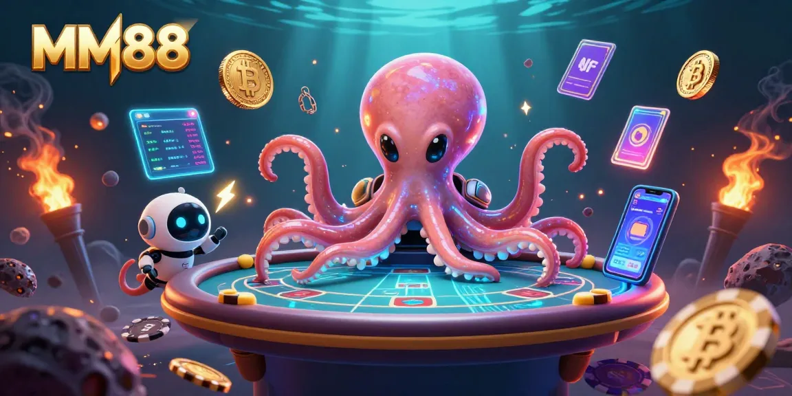 Experience thrilling gameplay at MM88 with alien characters around holographic poker, crypto coins, and vibrant gaming elements.