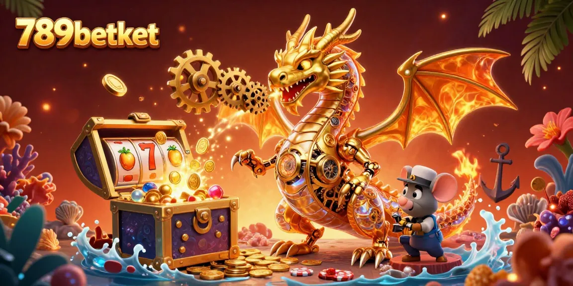 Engage with 789betket's golden dragon and vibrant casino treasures in this dynamic illustration.