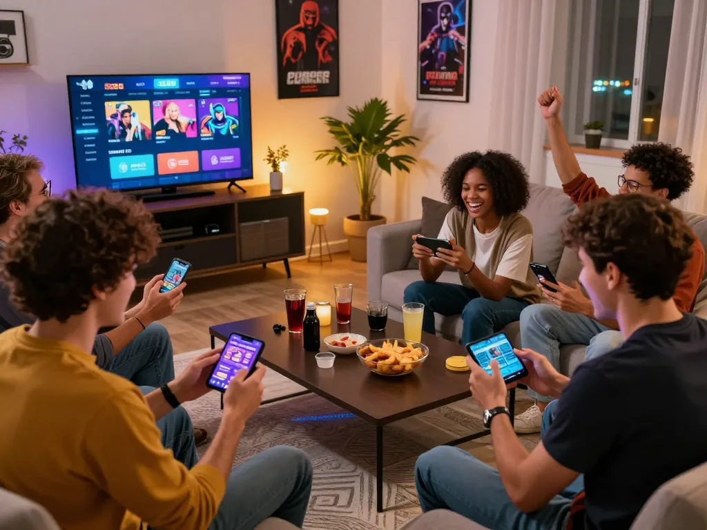 Friends enjoying online gaming on SC88.com in a vibrant living room setting.