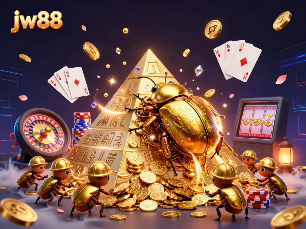 Engage with JW88 by witnessing a golden beetle rolling coins in an energetic casino scene.