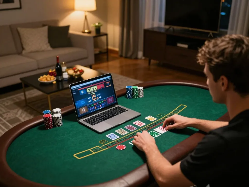 Person playing fabet live dealer blackjack at home with cozy ambiance