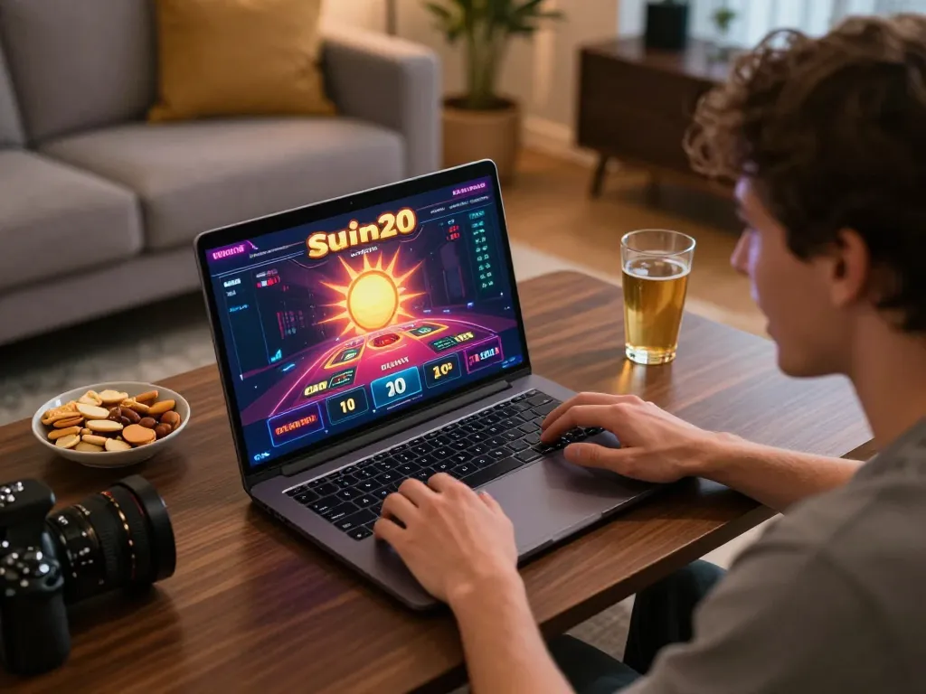 Engaging in online gambling with sunwin20 on a laptop in a cozy home setting.