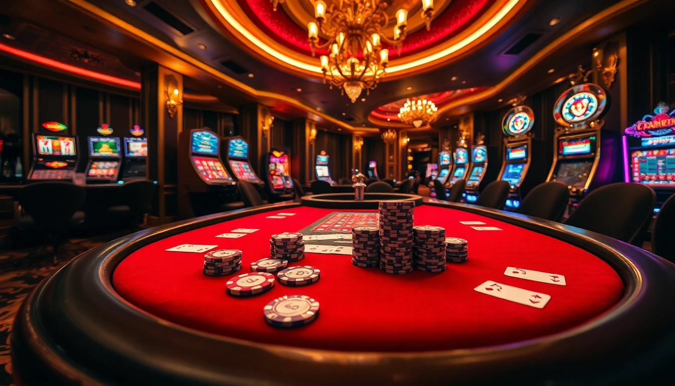 Experience the excitement of 8kbet1 with a luxurious casino scene featuring poker chips and cards.