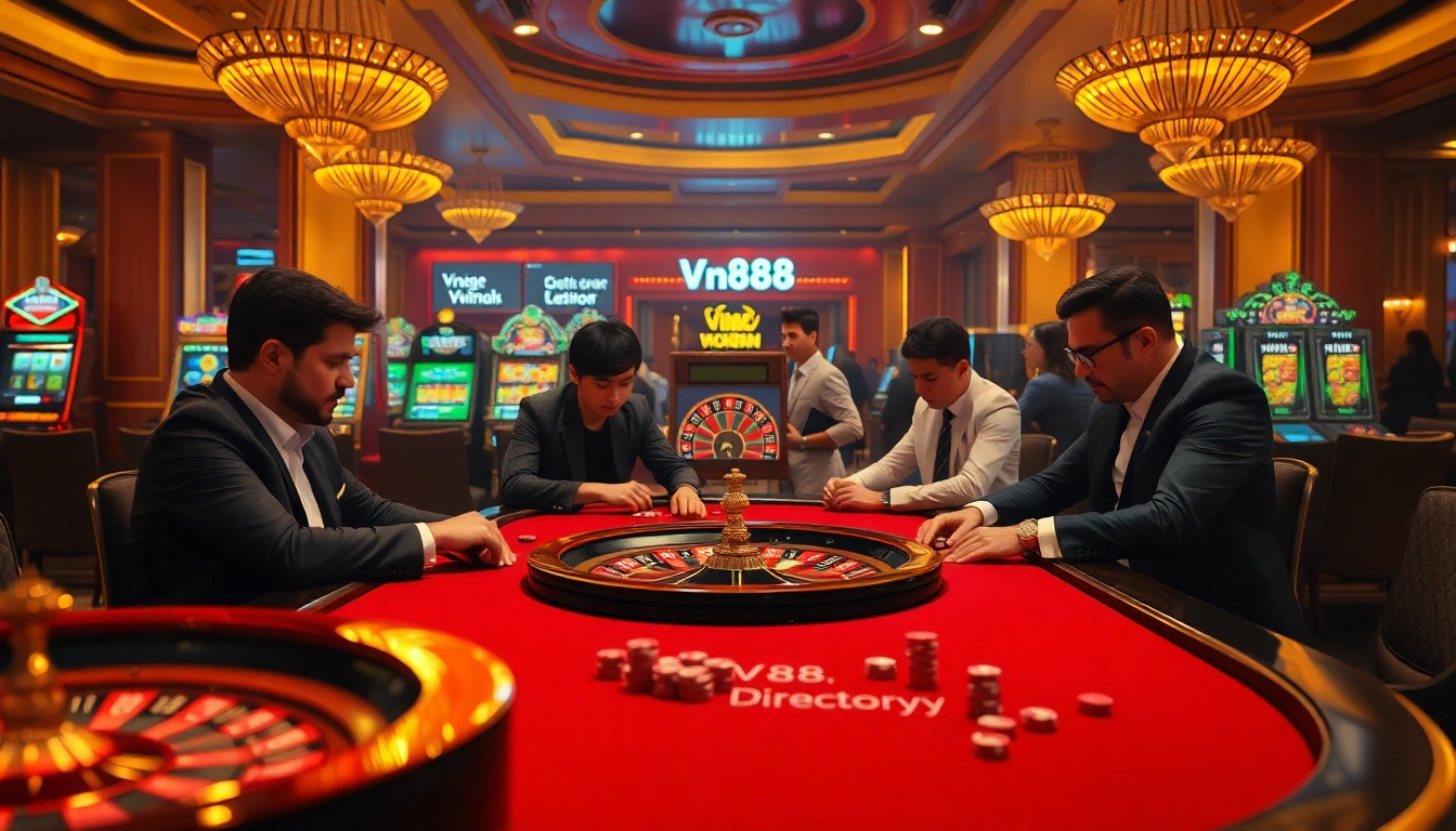 Engaged players strategizing their bets at a vibrant casino table, featuring vn88.directory elements.