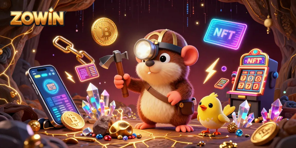 Experience ZOWIN's thrilling adventure in a treasure-filled casino world with vibrant crypto elements.