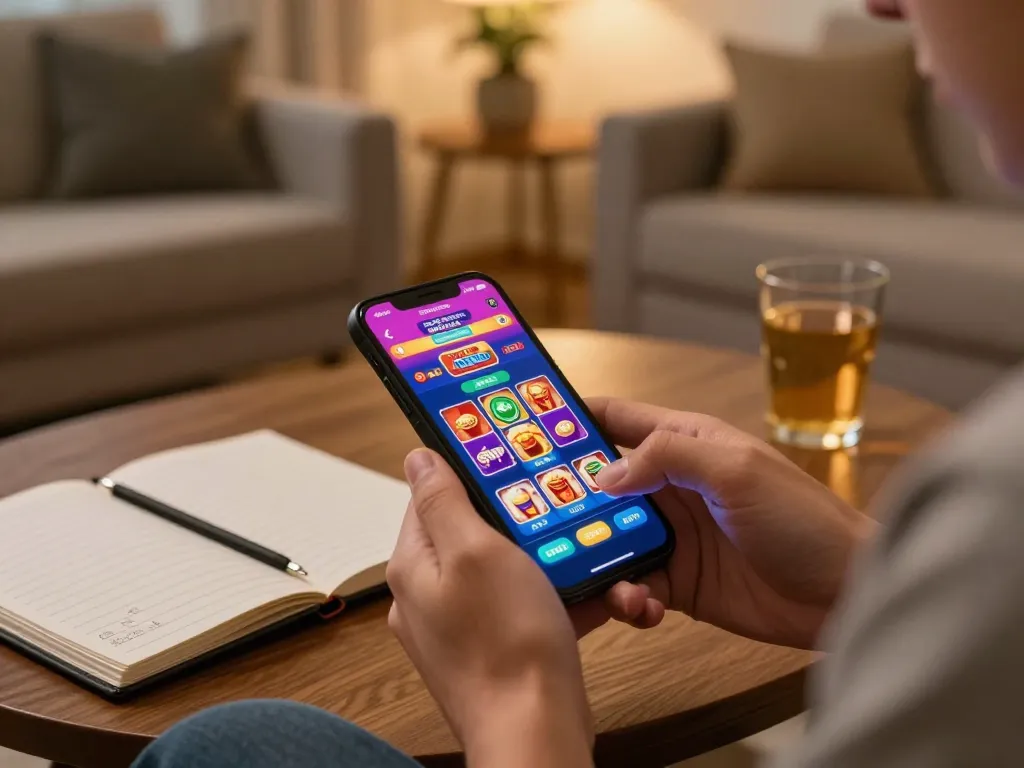 Person engaged in online casino gaming at home using 68gamebaivn mobile app, capturing strategic gameplay.