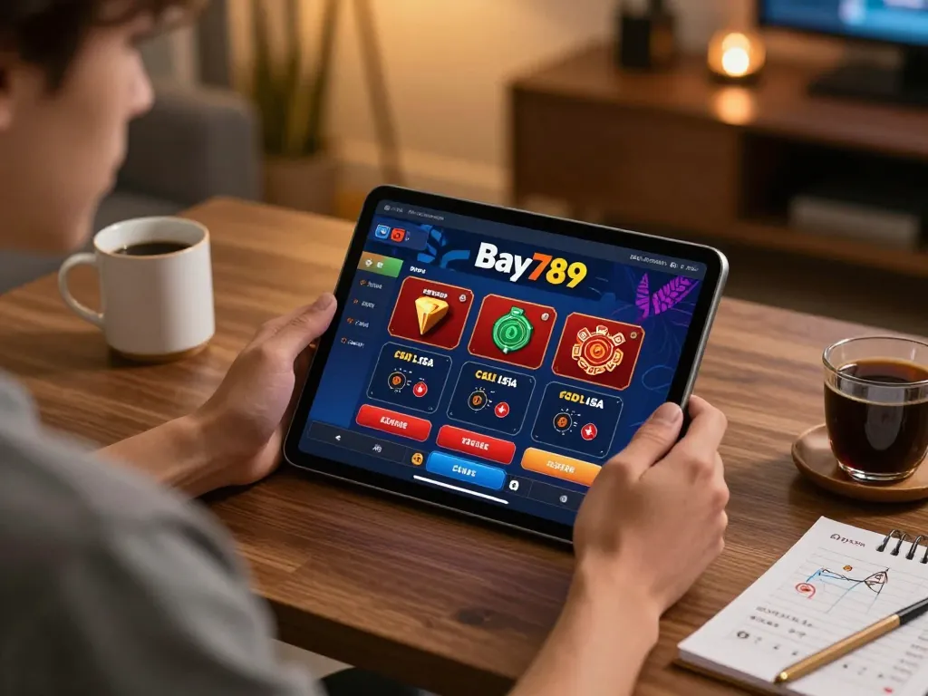 Player engaging with Bay789 casino app on tablet in cozy home setting, emphasizing responsible gaming.