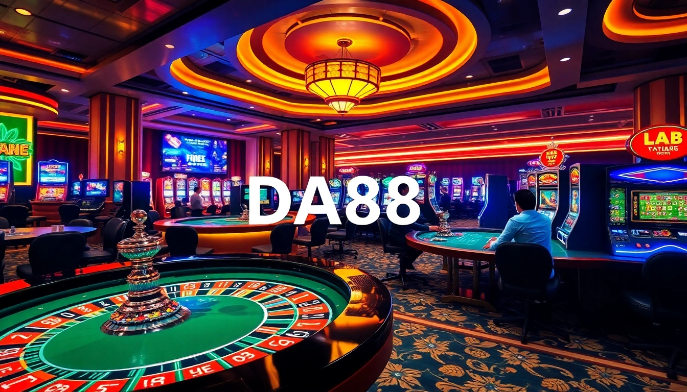Engaging casino scene with DA88-themed gambling tables and vibrant slot machines.