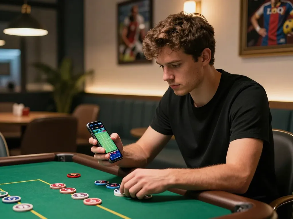 N88 player engaging in live sports betting on smartphone in a modern lounge atmosphere