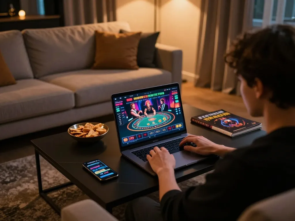 Enjoying online gaming with fly88 rocks on a laptop in a cozy home setup