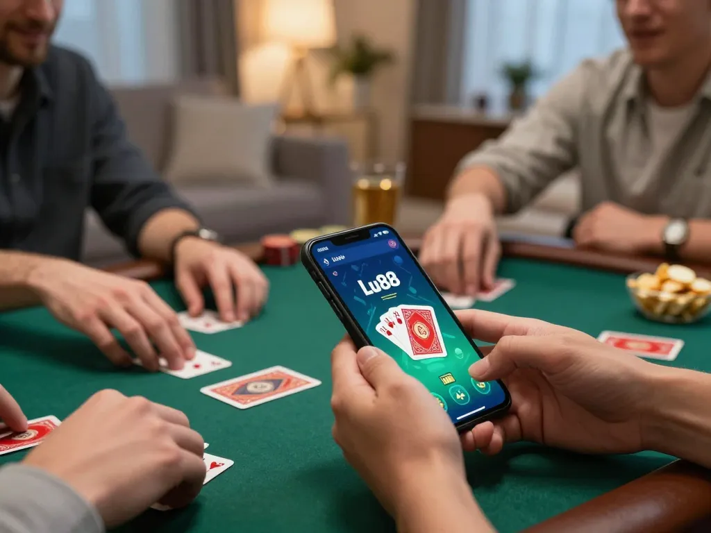 Lu88 poker game in progress on smartphone, showcasing players engaging in betting strategy.