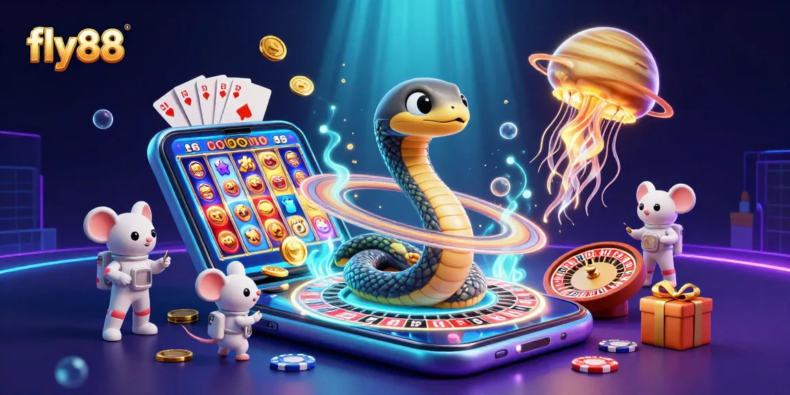 Experience the thrilling fly88 platform with a coiled Saturn roulette and astronaut mice betting in this vibrant 3D casino scene.