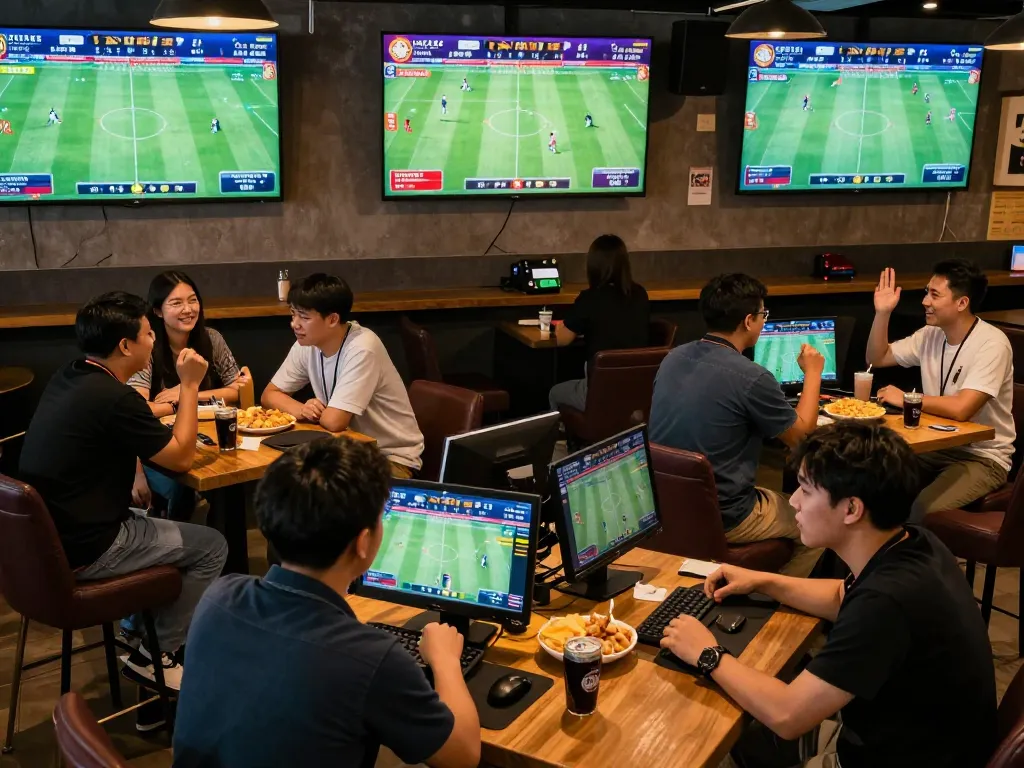 A lively sports betting scene showcasing Bongdalu users reviewing odds in a modern bar.