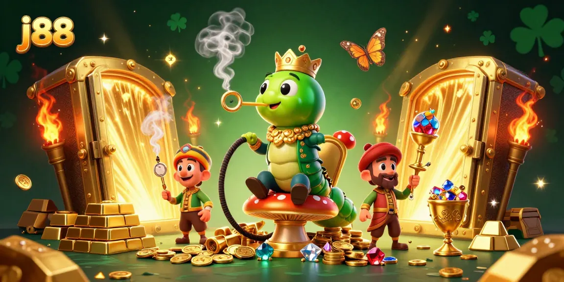 j88 captures a 3D cartoon caterpillar sultan amidst golden treasures and poker symbols