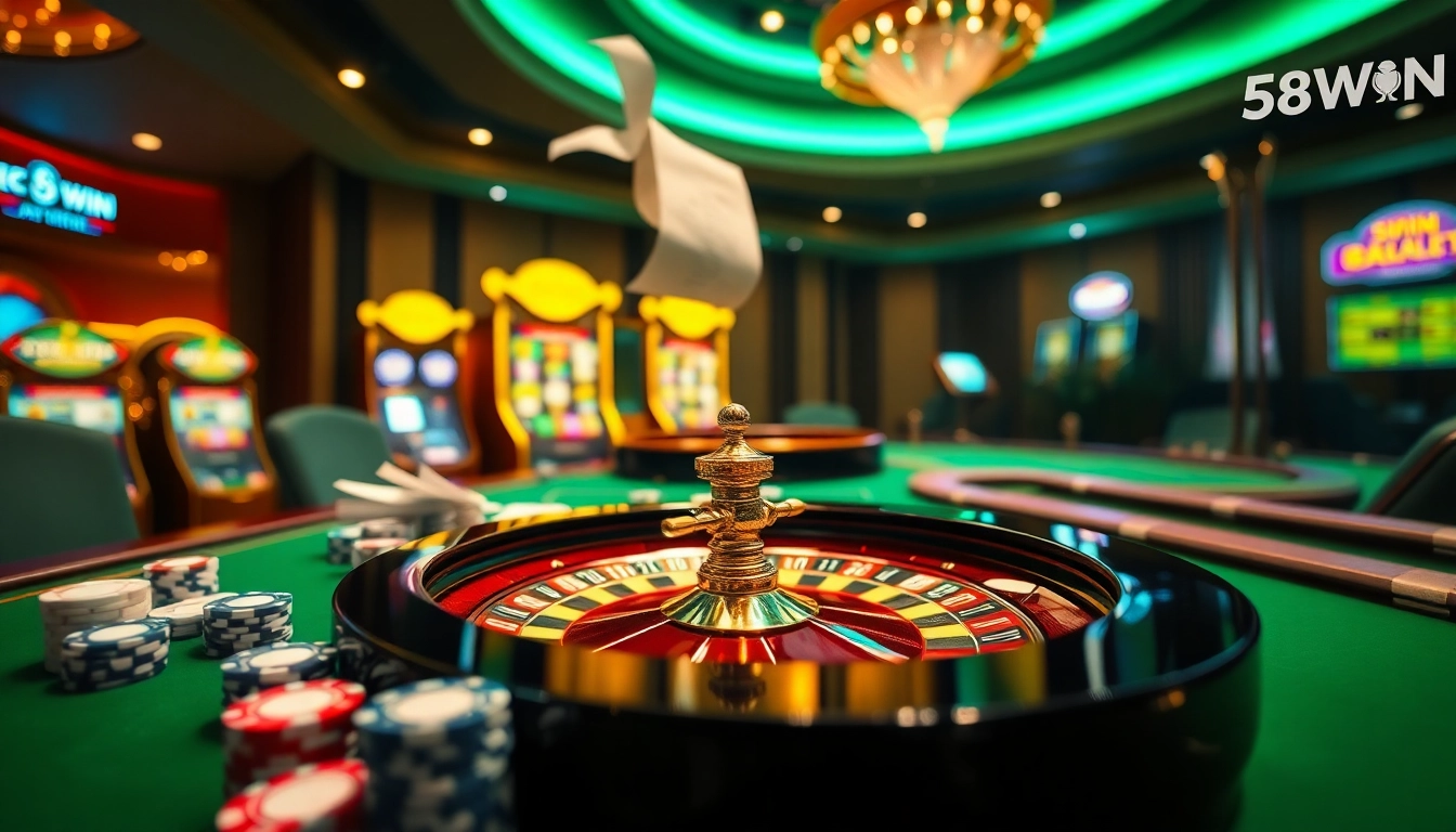 Experience the thrill of gambling with 58WIN as luxurious casino elements shine in an elegant setting.