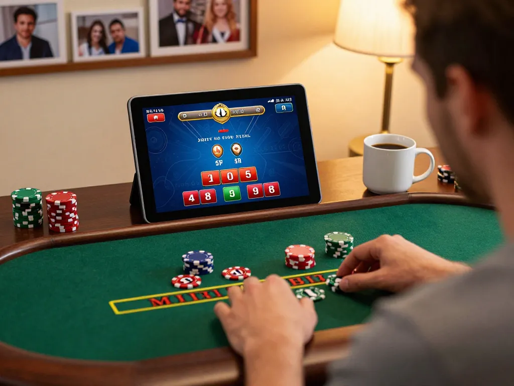 Player engaging with an exciting MM88 live dealer blackjack game on a tablet in a cozy home setting.