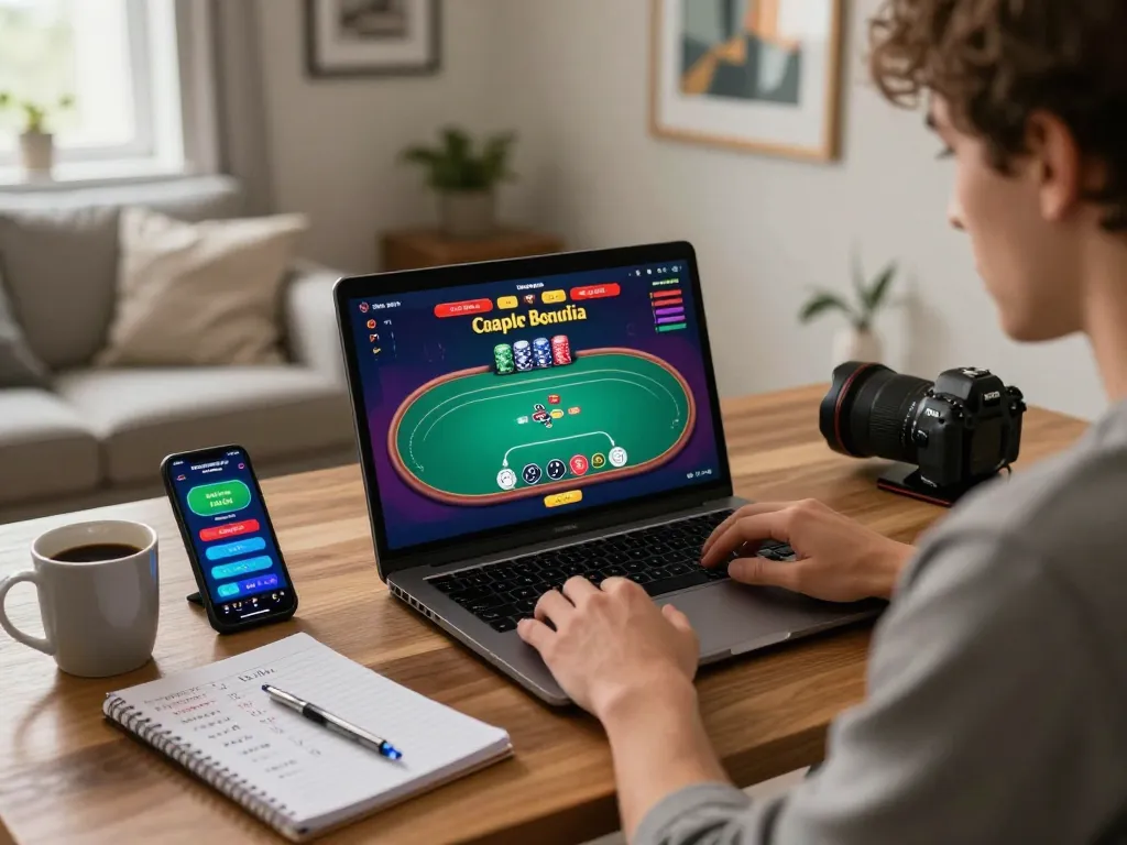 Engaging online poker gameplay with 123b digital interface, showing strategic betting in a cozy home setting