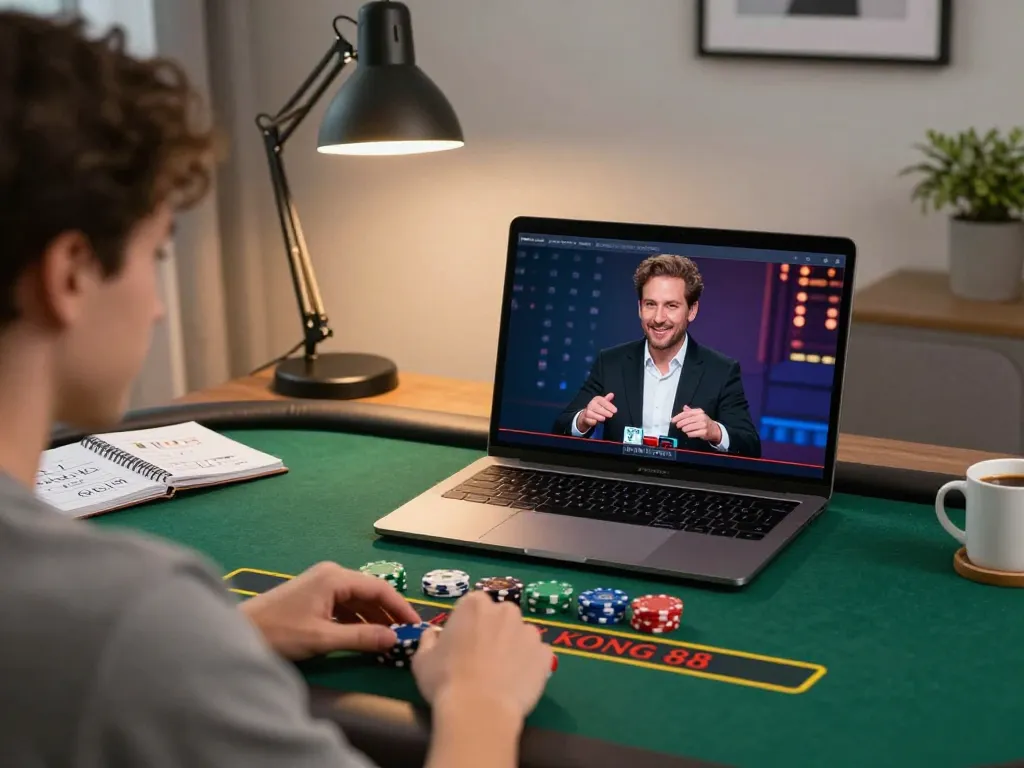 KONG 88 online casino player interacts with live dealer blackjack game on laptop in cozy home office.