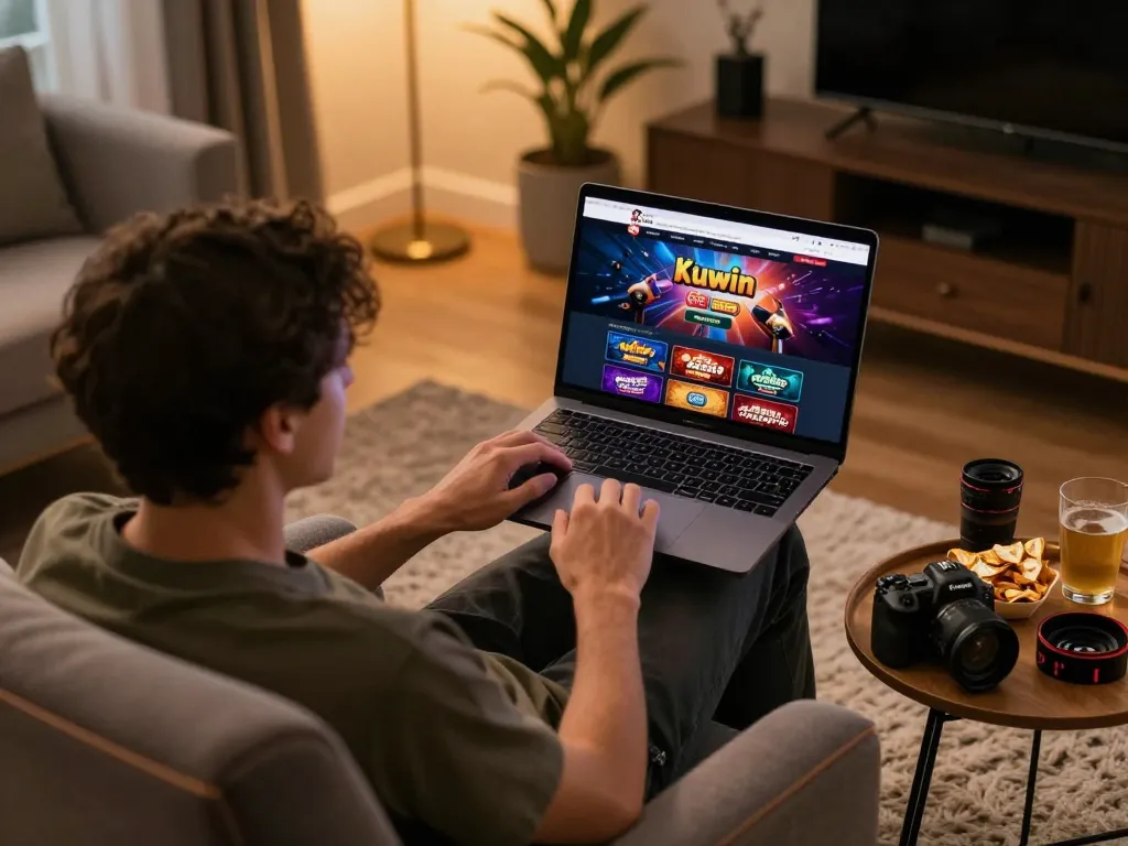 Kuwin online gaming setup with a focused player engaging with casino games on a laptop in a stylish home environment.