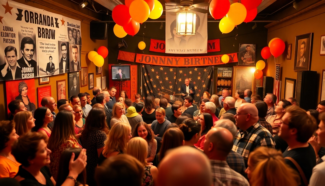 Joyful celebration at johnnycashbirthday.com with fans enjoying Johnny Cash's music and legacy.
