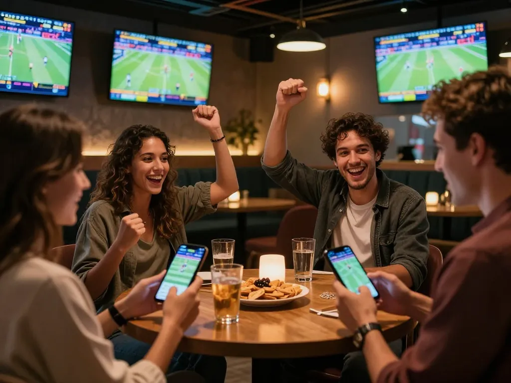 Friends celebrating a win while using keo-nha-cai-vn for live sports betting in a vibrant lounge.