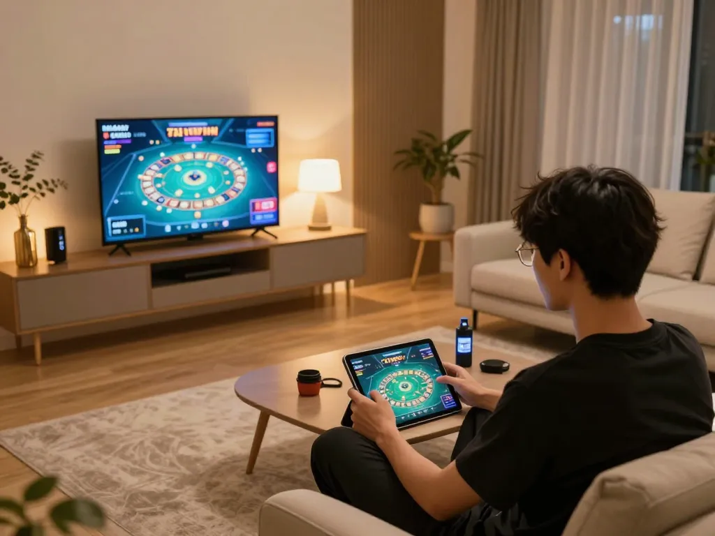 Tài Xỉu Sunwin gameplay in a stylish home setting, showcasing a player's strategic online betting